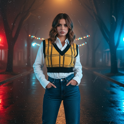 Colete A Inteligência de Hawkins: Xadrez V-Neck Knit (Street Revival)