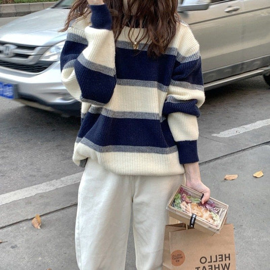 Loose Contrast Color Striped Pullover Women Autumn Winter Lazy Wind Retro Outerwear Sweater Thick