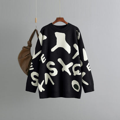 Autumn Winter Knitted Sweater Women Mid Length Jacquard Loose Fitting Bottoming Top