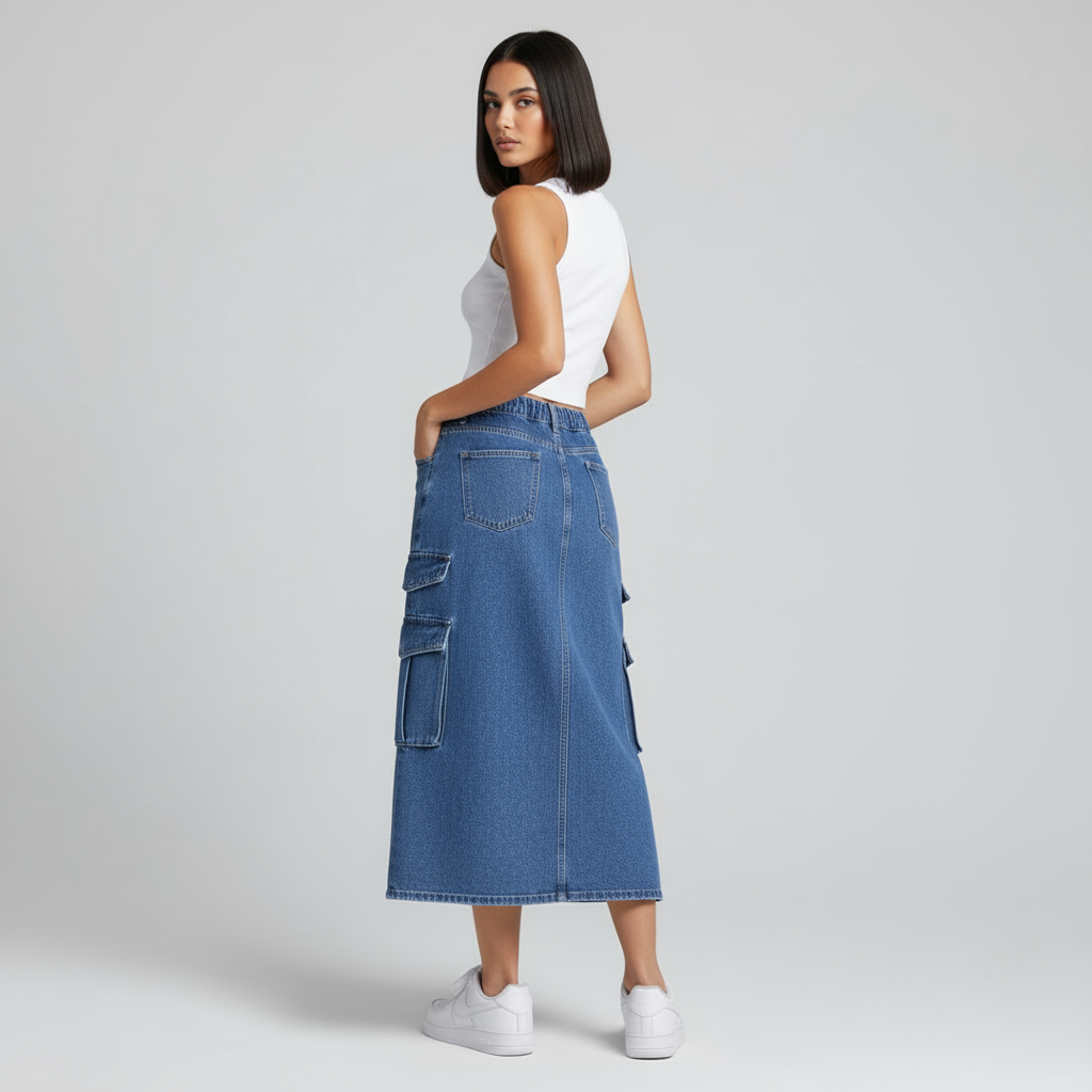 GLOBAL ELASTIC CARGO MIDI — DENIM EDITION