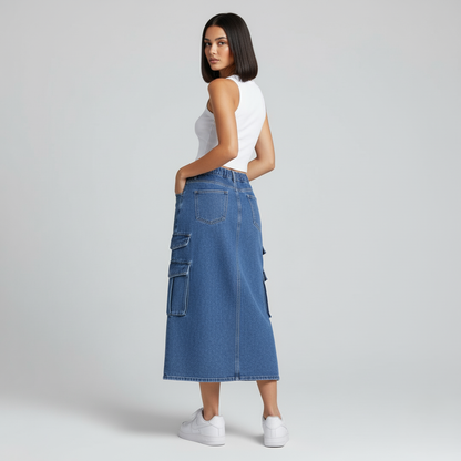 GLOBAL ELASTIC CARGO MIDI — DENIM EDITION