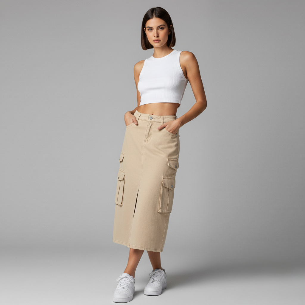 GLOBAL ELASTIC CARGO MIDI — DENIM EDITION